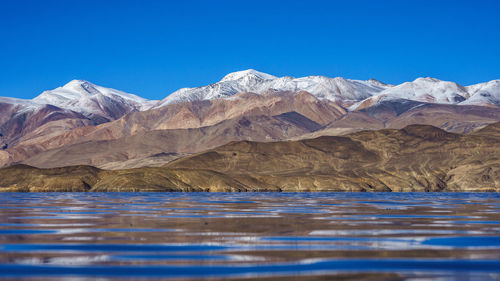 Scenic view of snowcapped mountains against clear blue sky