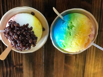 High angle view of ice cream in bowl on table