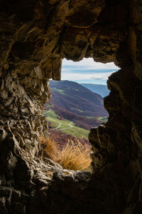 Panoramic view of the mountains from the opening in the rock