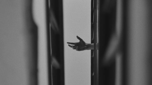 Close-up of hand on window