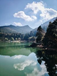 Scenic view of lake by trees against sky