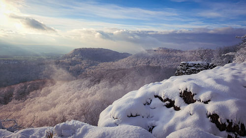 Scenic view of snow covered mountains against sky