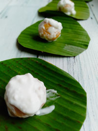 High angle view of dessert in plate on table