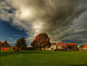 Houses on grassy field against cloudy sky