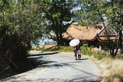 Rear view of woman walking on road amidst trees