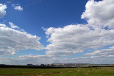 Scenic view of grassy field against cloudy sky