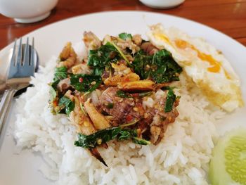 High angle view of food served in plate