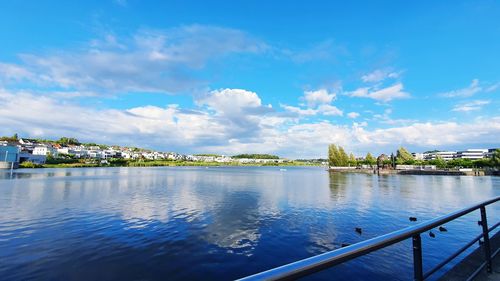 Scenic view of river against blue sky