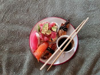 High angle view of ice cream in bowl on table