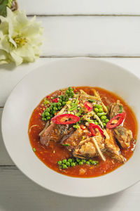 High angle view of salad in bowl on table