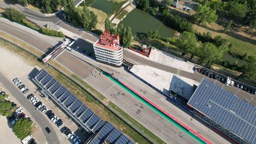 High angle view of people on road in city