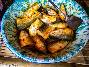 High angle view of fish in bowl on table