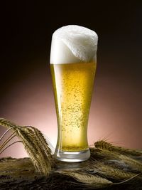 Close-up of beer glass on table