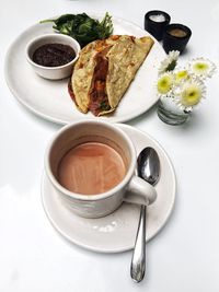 High angle view of breakfast on table