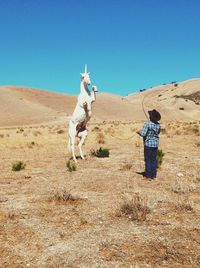 Man training unicorn on field against clear blue sky