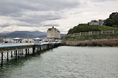 View of river by buildings against cloudy sky