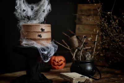 Close-up of objects on table during halloween