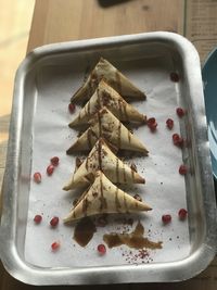 High angle view of dessert in plate on table