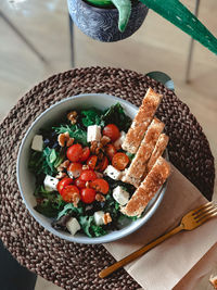 High angle view of breakfast served on table