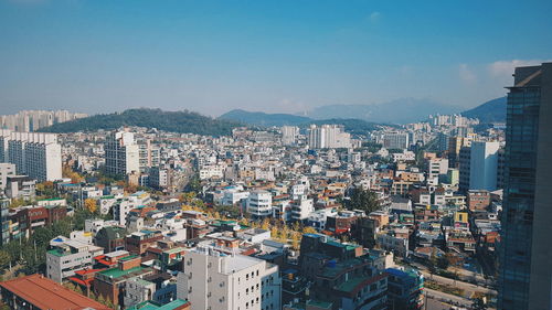 Cityscape against clear sky