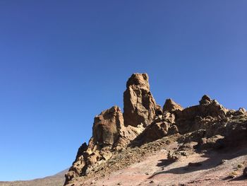 Low angle view of rock formations against clear blue sky