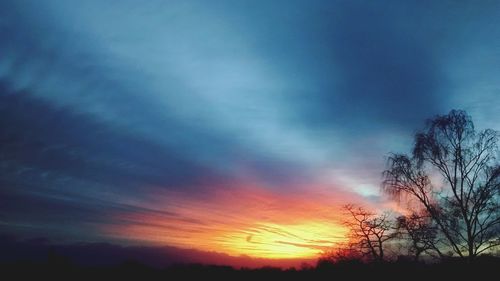 Low angle view of silhouette trees against dramatic sky