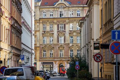 View of street and buildings in city