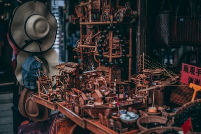 Wooden toys for sale at market stall