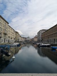 Bridge over river amidst buildings in city against sky