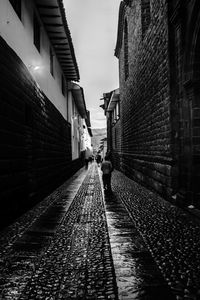 Rear view of person walking on wet alley amidst buildings
