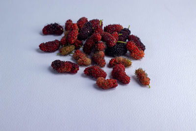 High angle view of strawberries on white background