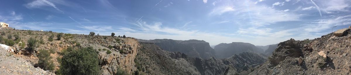 Panoramic view of land and mountains against sky