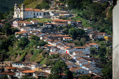 High angle view of buildings in town