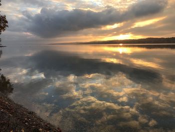 Scenic view of calm lake against cloudy sky during sunset