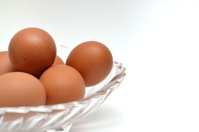 Close-up of eggs against white background