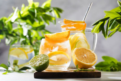 Fruits in glass on table