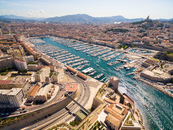 High angle view of cityscape against sky