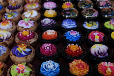 High angle view of various flowers at market stall