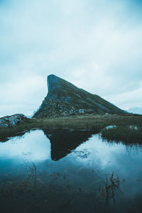 Reflection of mountain in lake against sky