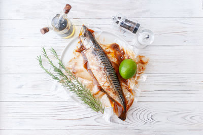 High angle view of seafood on table