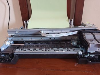 High angle view of piano keys on table