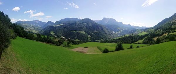 Panoramic view of landscape and mountains against sky