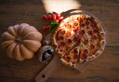 High angle view of pizza on table