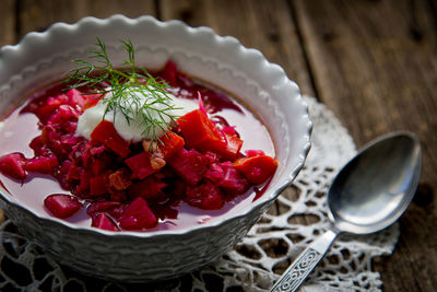 High angle view of food in bowl on table