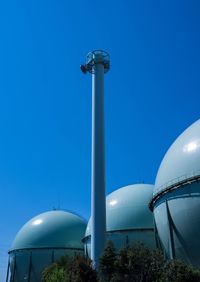 Low angle view of city against clear blue sky