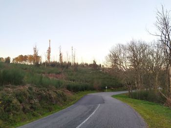 Empty road amidst trees against clear sky