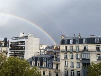 Rainbow over buildings in city against sky