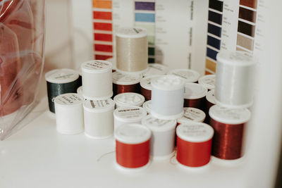 Close-up of thread spools on table