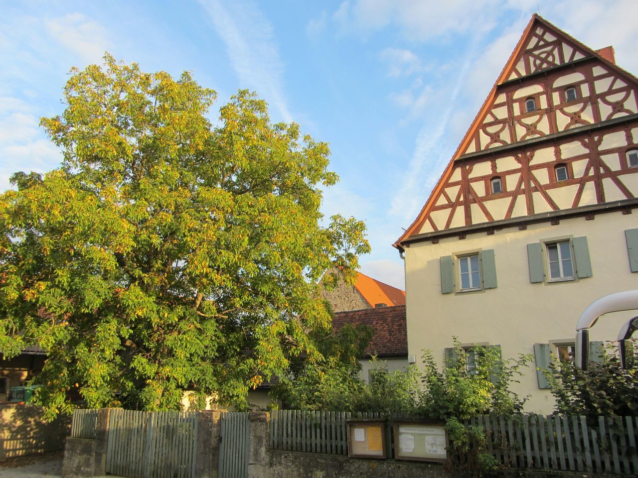 building exterior, architecture, built structure, tree, sky, house, low angle view, residential building, residential structure, cloud - sky, growth, day, cloud, outdoors, building, no people, branch, window, sunlight, yellow