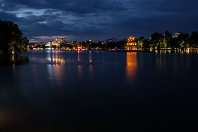 View of city lit up at night